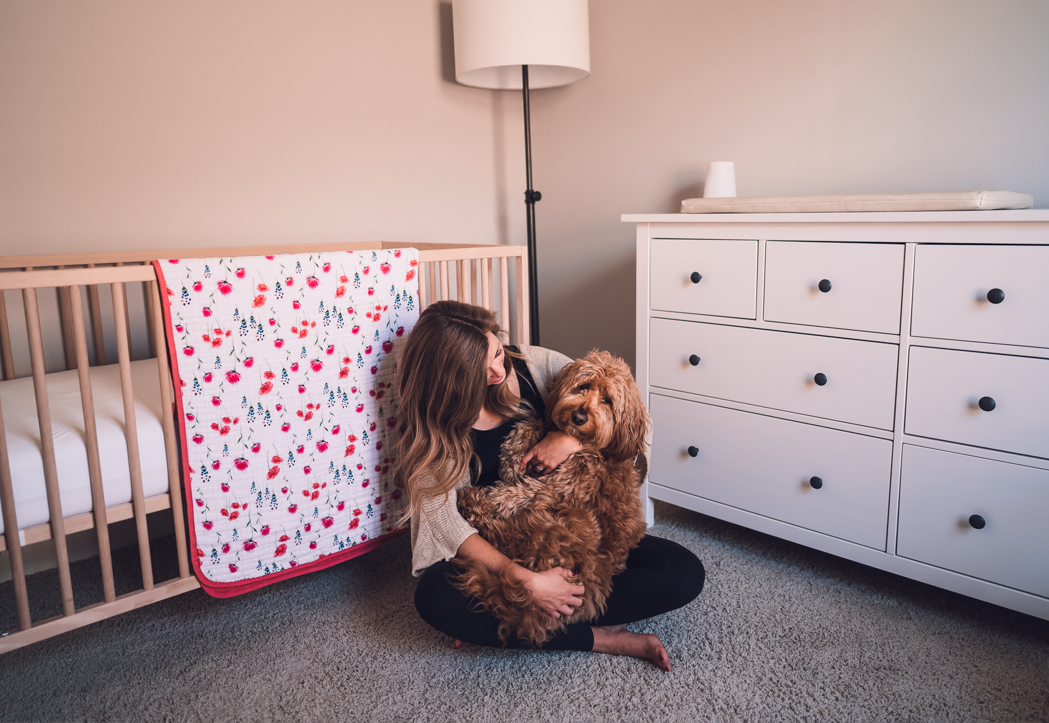 In-home maternity photography session with dog
